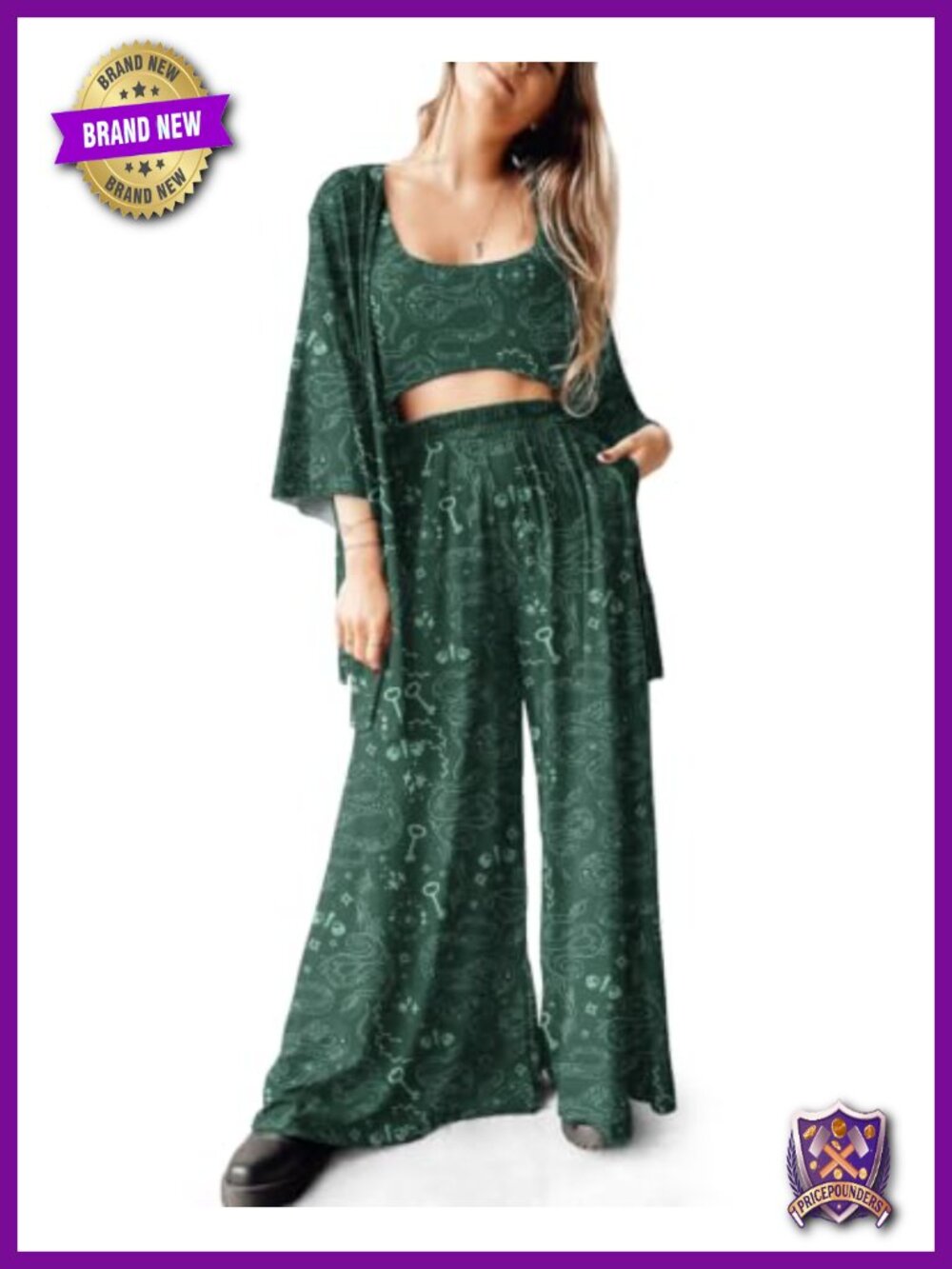 Women's 3 Piece Loungewear Set Kimono Crop Cami Wide Leg Palazzo Pants Cotton